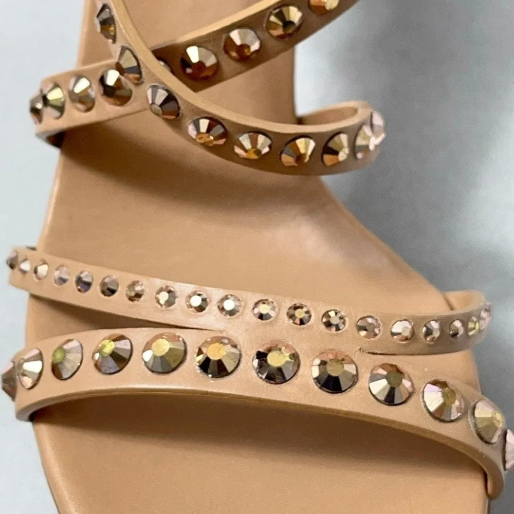 Casadei Heels 9 B Tan Strappy Sandals Stud Crystals Never Worn